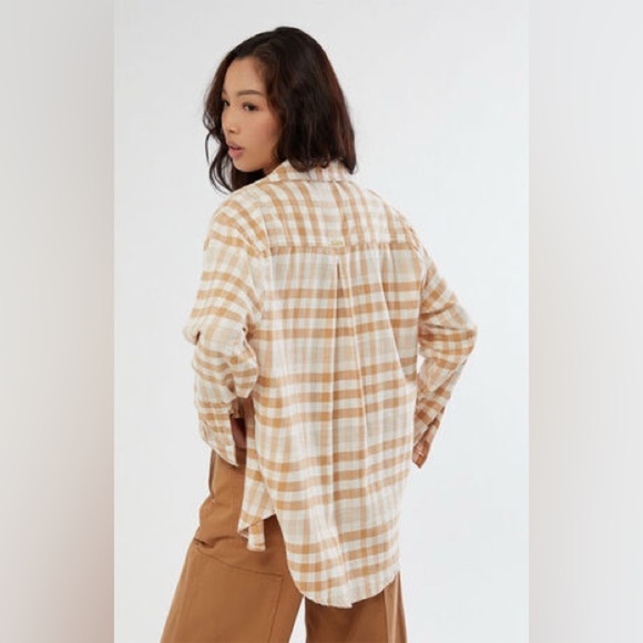 Billabong So Stoked Button-Down Flannel Shirt in Tan and White - Picture 3 of 14